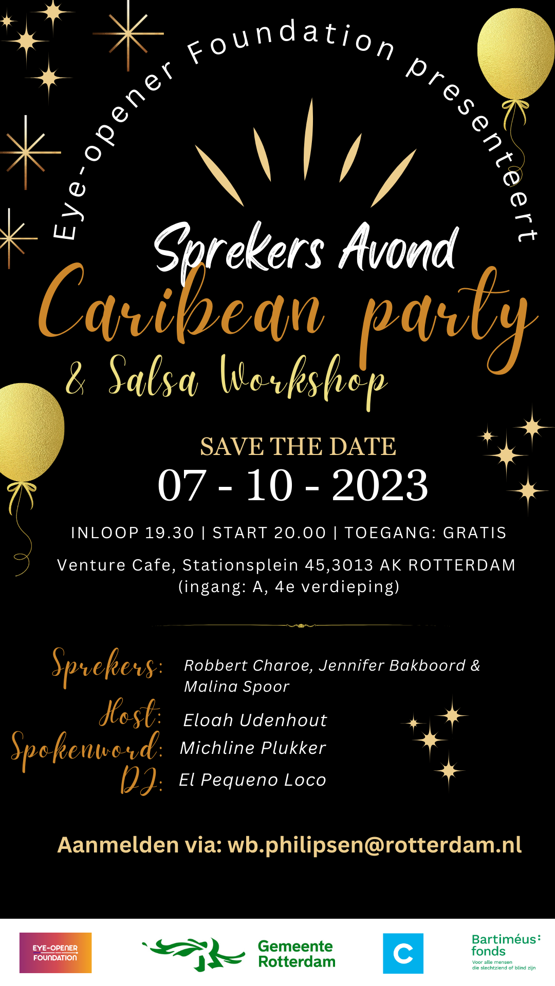 Eye-opener Foundation presenteert: Sprekersavond Caribean party & salsa workshop. 7 oktober 2023. 